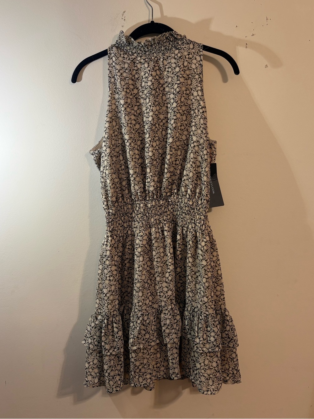 Olivia Grey smocked high neck dress black beige floral sleeveless Small NWT